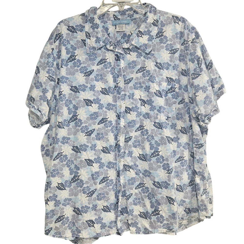 Venezia Jeans Women Blue Floral Cotton Short Sleeve Button Down Shirt Size 26/28